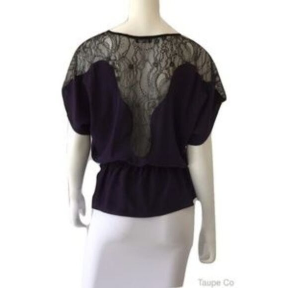 Sugarlips Womens Dark Purple Silk Peplum Blouse W/ Black Lace Back & Surplice Ne - Picture 3 of 5